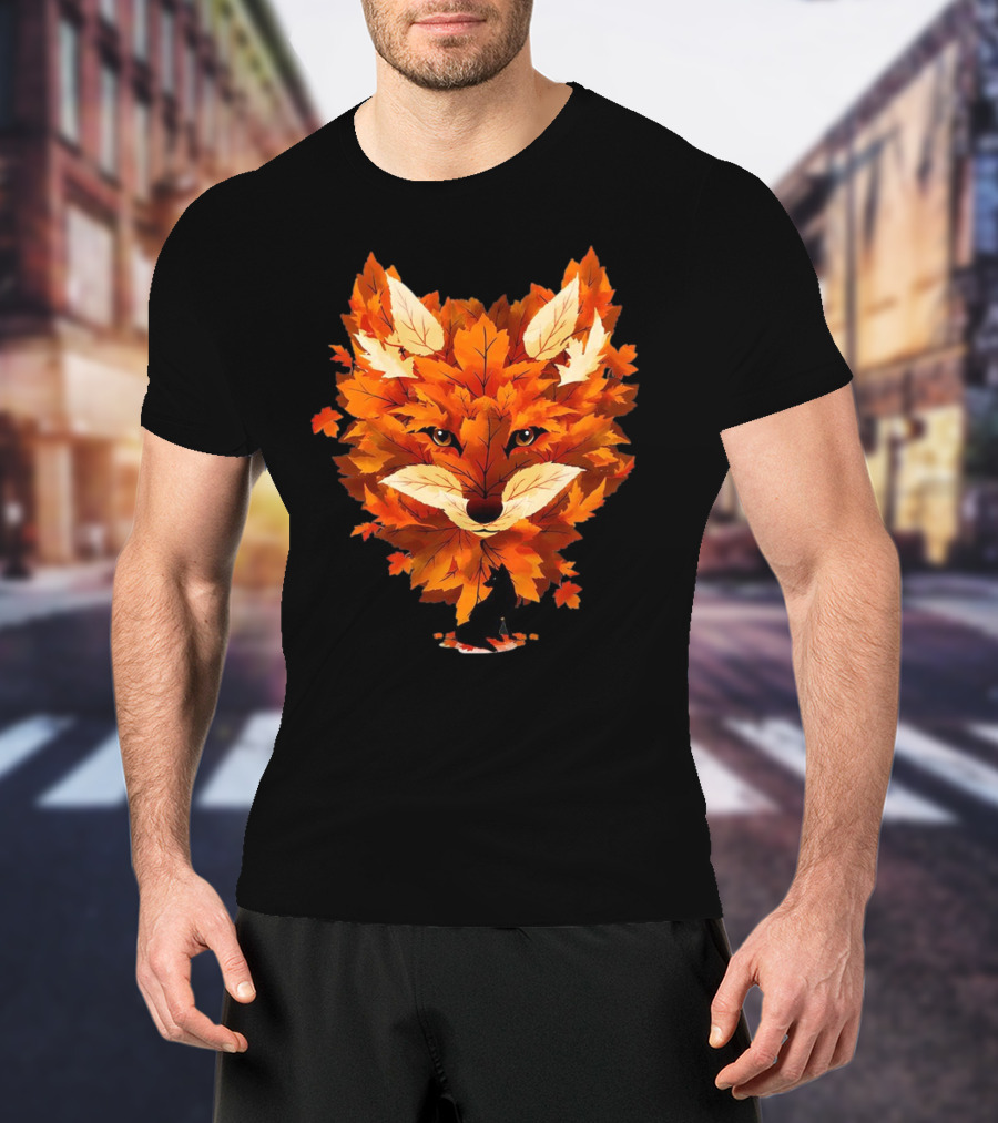 Red Fox Face With Autumn Leaves T-Shirt