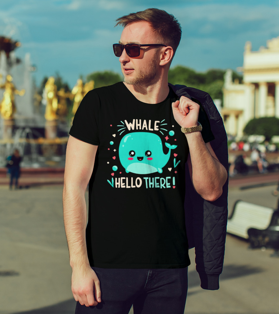 Whale Hello There Cute Cartoon Aqua Whale Design With Hearts And Stars T-Shirt