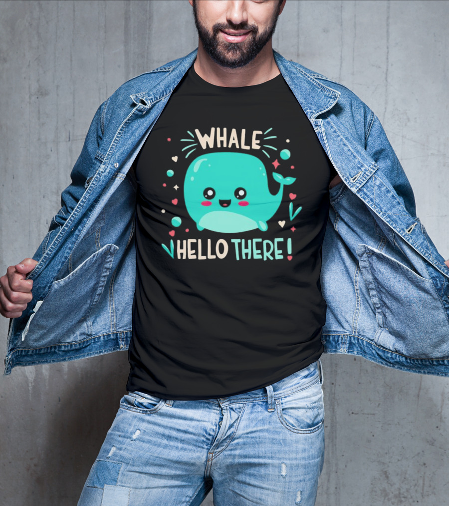 Whale Hello There Cute Cartoon Aqua Whale Design With Hearts And Stars T-Shirt