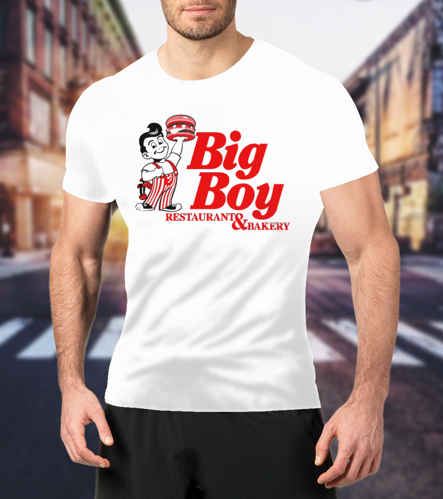 Big Boy Restaurant And Bakery Logo - Iconic Red Text With Burger Mascot T-Shirt