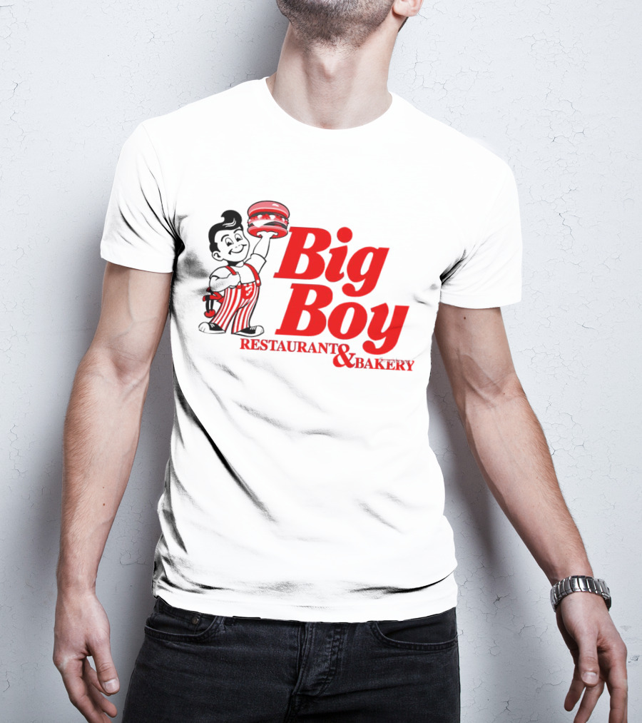 Big Boy Restaurant And Bakery Logo - Iconic Red Text With Burger Mascot T-Shirt