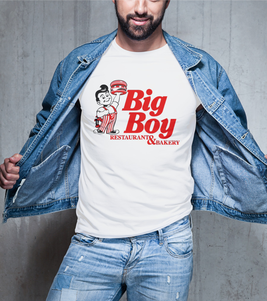 Big Boy Restaurant And Bakery Logo - Iconic Red Text With Burger Mascot T-Shirt