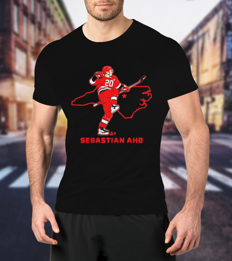 Sebastian Aho 20 Carolina Hurricanes State Outline T-Shirt