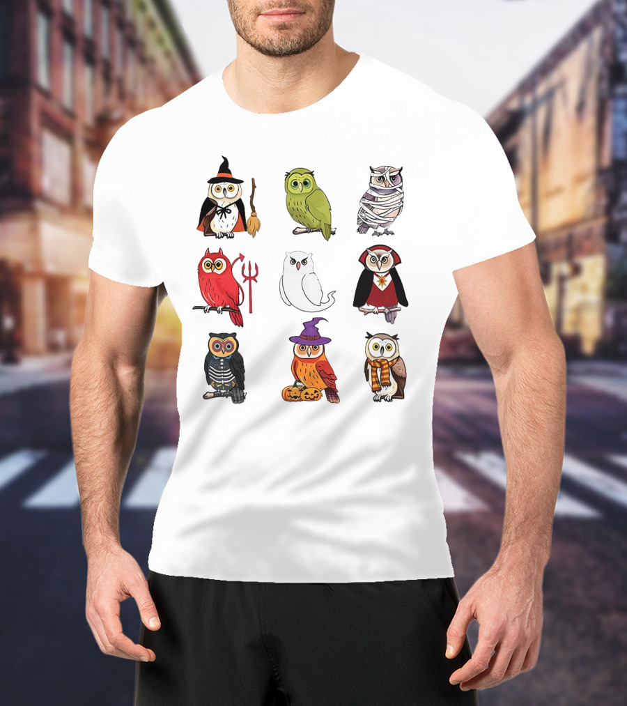 Cute Owls Halloween Witch Mummy Devil Skeleton Vampire Pumpkin Scarf T-Shirt