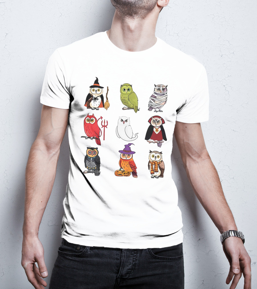 Cute Owls Halloween Witch Mummy Devil Skeleton Vampire Pumpkin Scarf T-Shirt