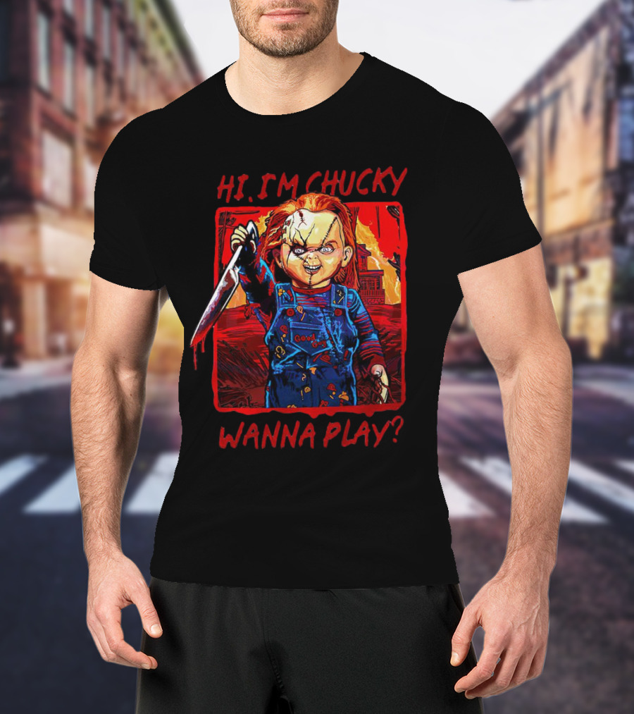 Hi I'm Chucky Wanna Play Creepy Doll With Knife And Overalls T-Shirt