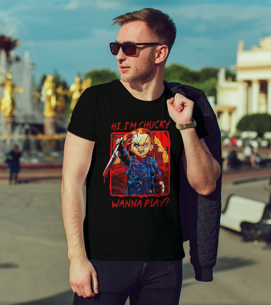 Hi I'm Chucky Wanna Play Creepy Doll With Knife And Overalls T-Shirt
