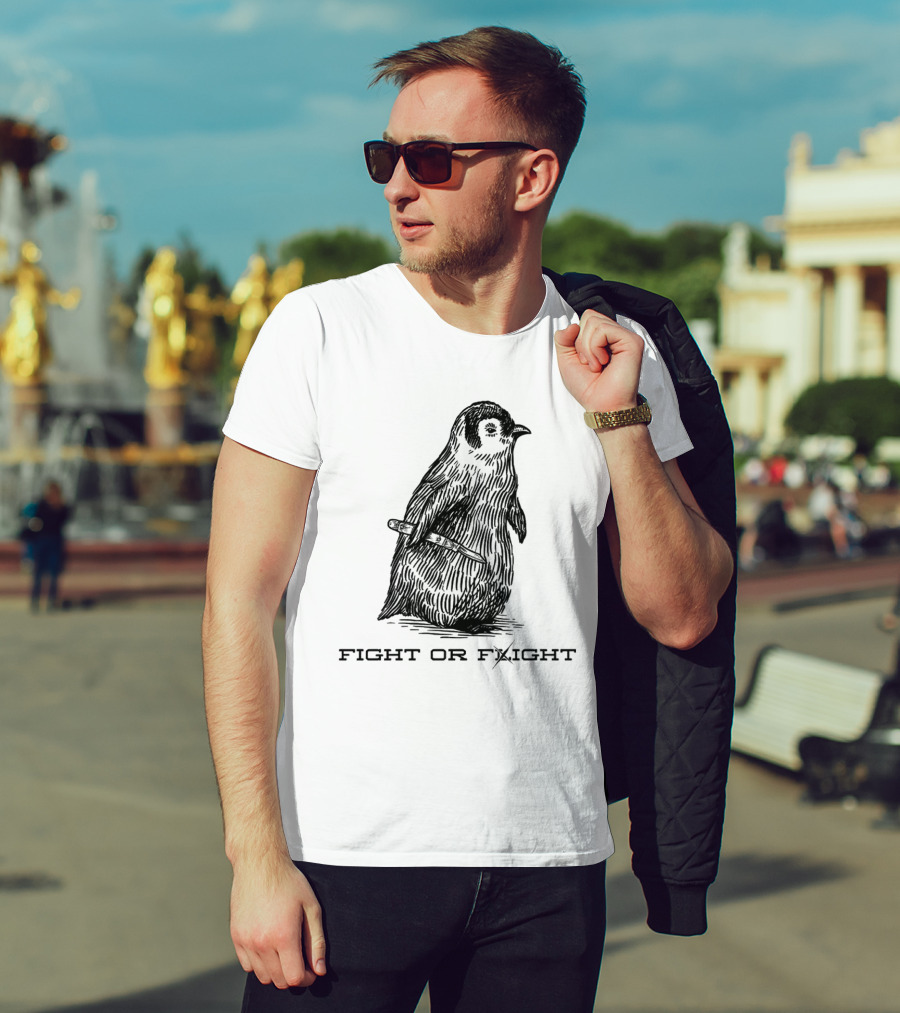 Penguin Fight Or Flight Joke With Knife Drawing T-Shirt