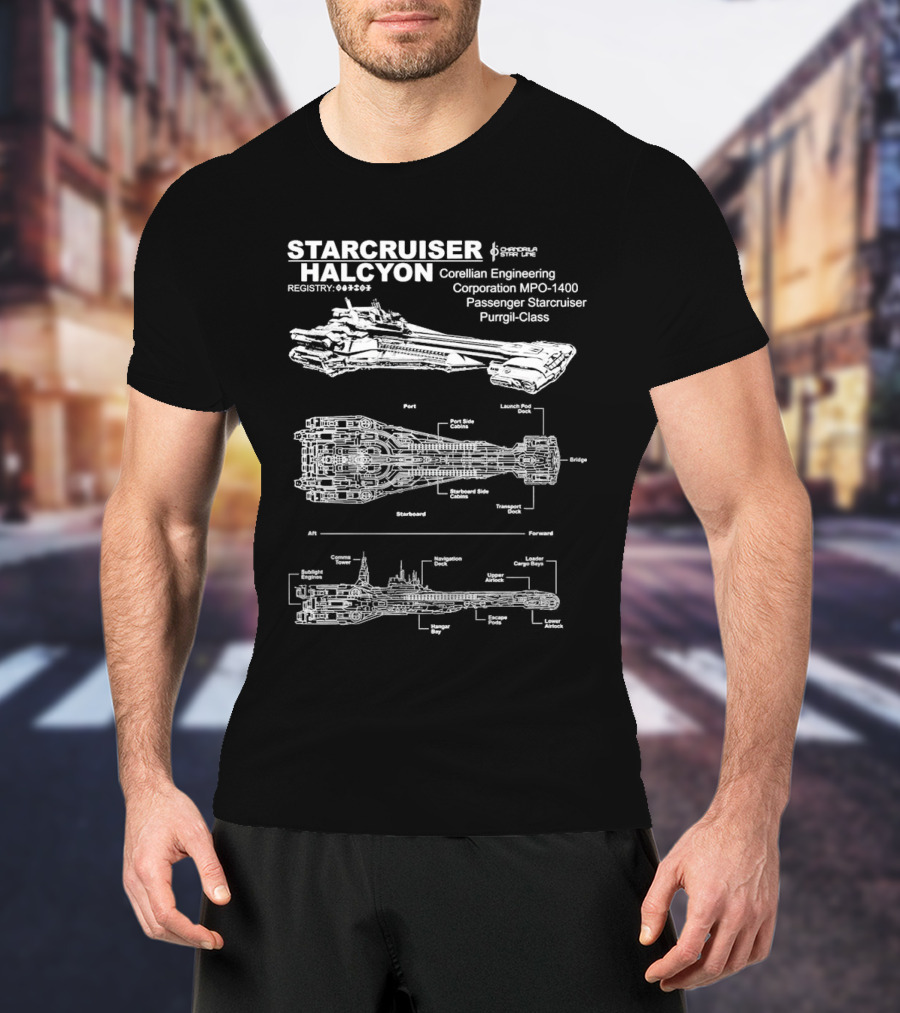 Starcruiser Halcyon Corellian Engineering Schematic Blueprint MPO-1400 Passenger Starcruiser Purrgil-Class T-Shirt