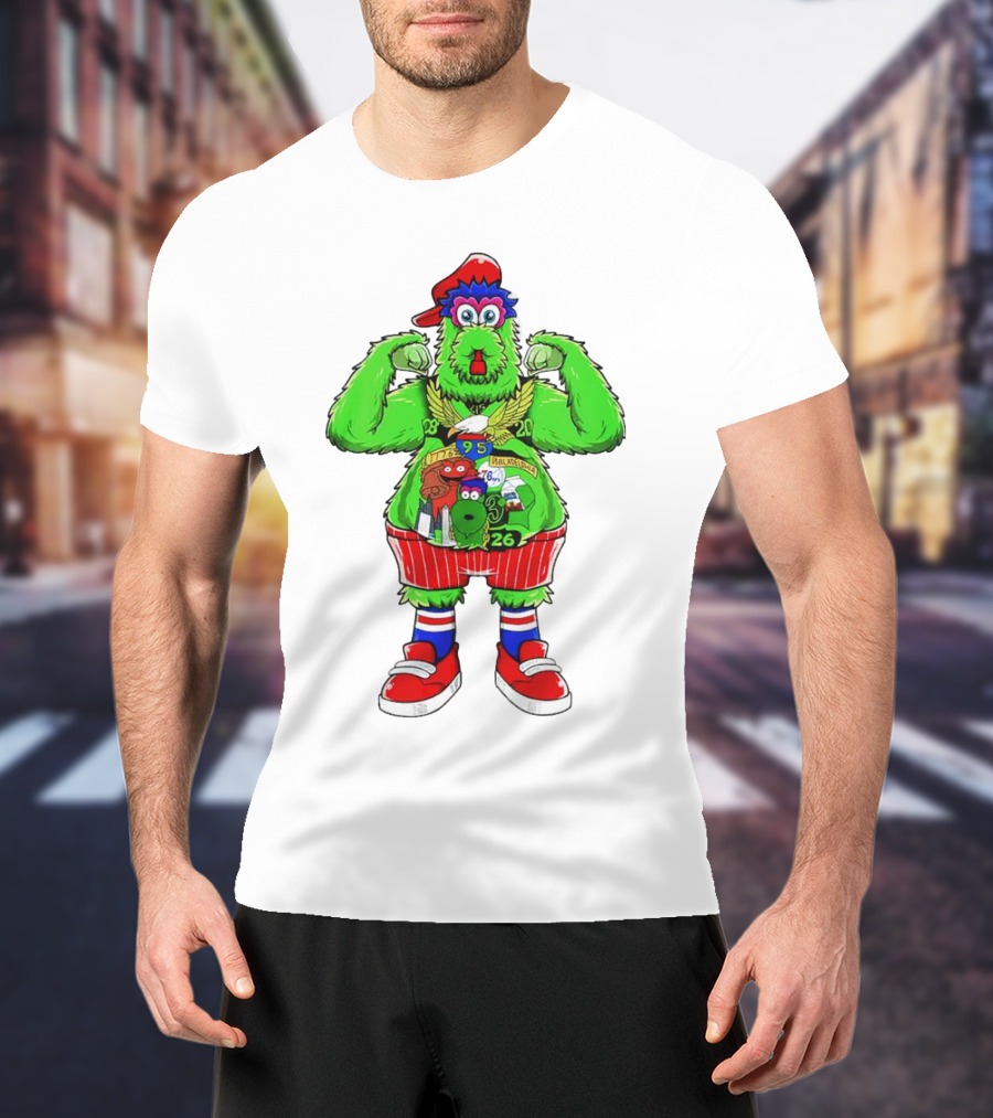 Philly Phanatic Mascots Sporting Red Cap And Sneakers With 1980 2008 1985 1995 2008 Numbers T-Shirt