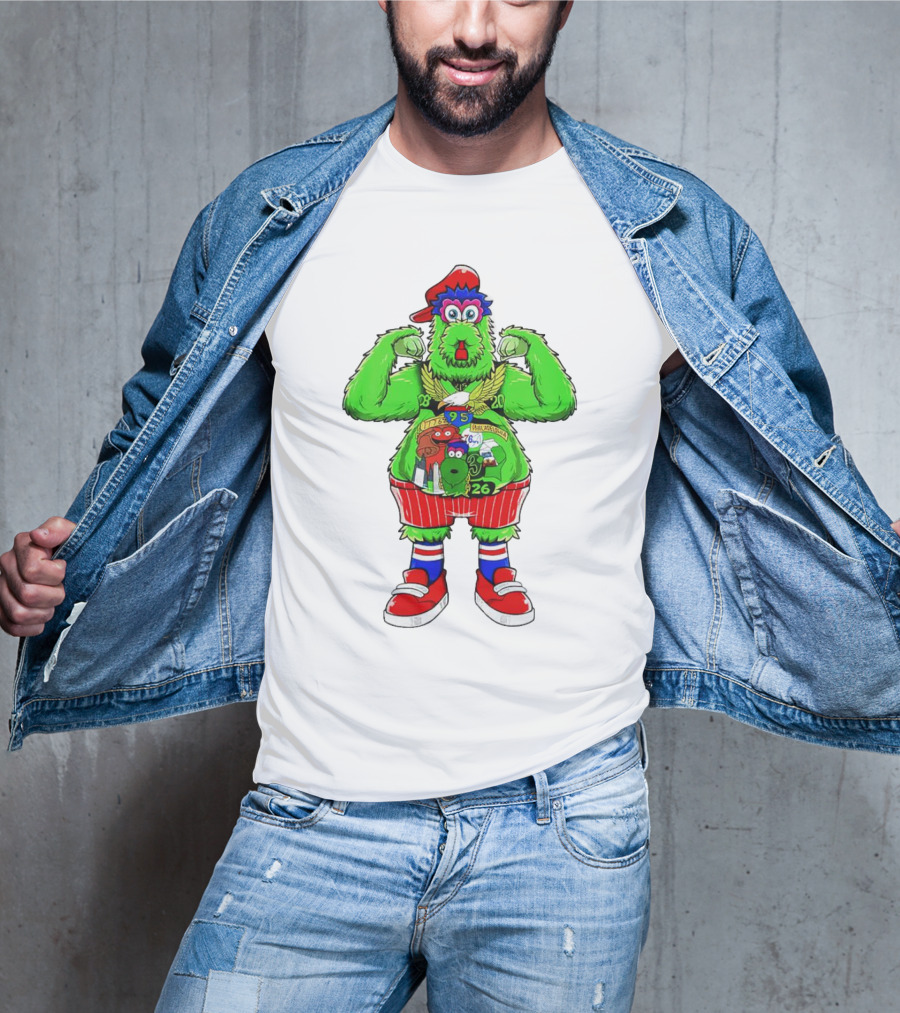 Philly Phanatic Mascots Sporting Red Cap And Sneakers With 1980 2008 1985 1995 2008 Numbers T-Shirt