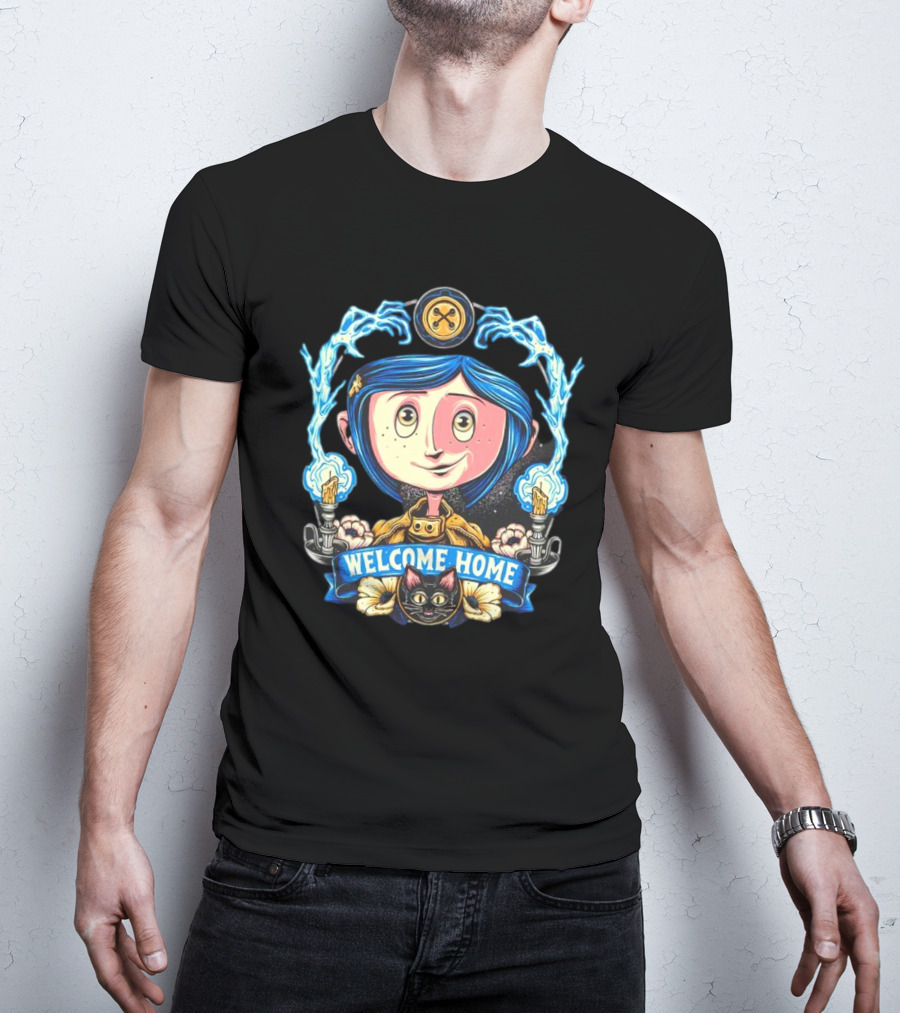Coraline Jones Welcome Home Button Eye Electric Blue Haired Girl And Black Cat T-Shirt