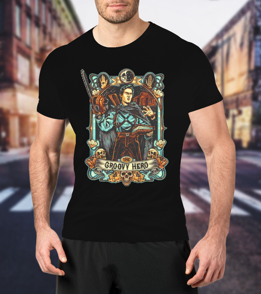 The Groovy Hero Chainsaw Warrior Moon Necronomicon Skulls T-Shirt