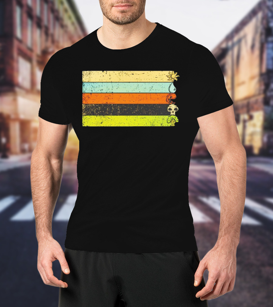 Vintage Magic Sun Water Elements Skull Retro Stripes T-Shirt