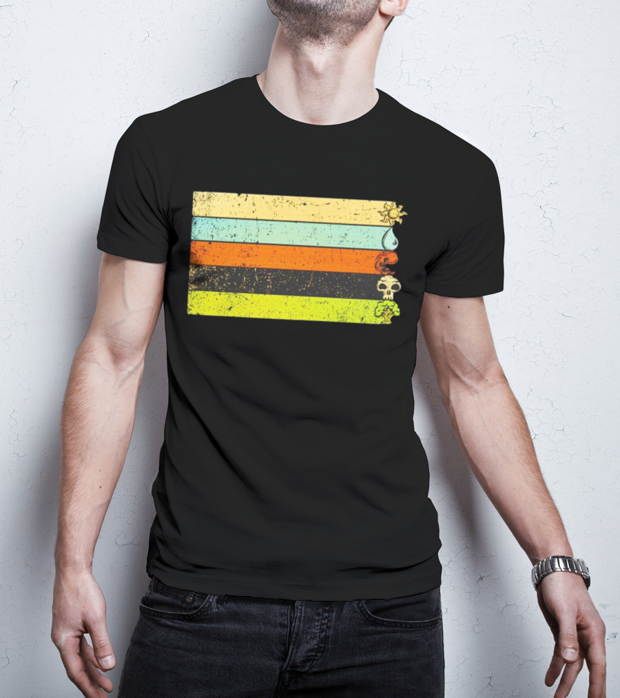 Vintage Magic Sun Water Elements Skull Retro Stripes T-Shirt