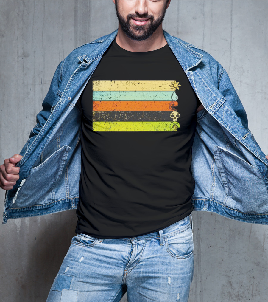 Vintage Magic Sun Water Elements Skull Retro Stripes T-Shirt
