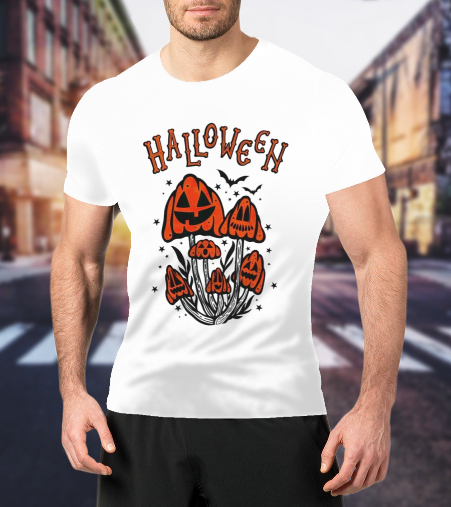 Halloween Pumpkin Mushrooms With Bats And Stars T-Shirt