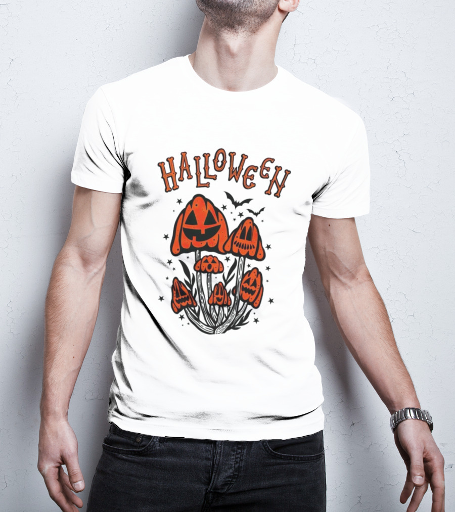 Halloween Pumpkin Mushrooms With Bats And Stars T-Shirt