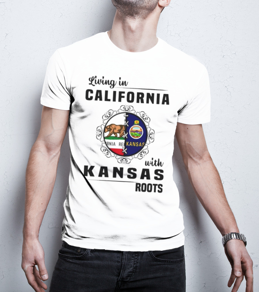 Living In California With Kansas Roots Bear And Sunflower State Flags T-Shirt