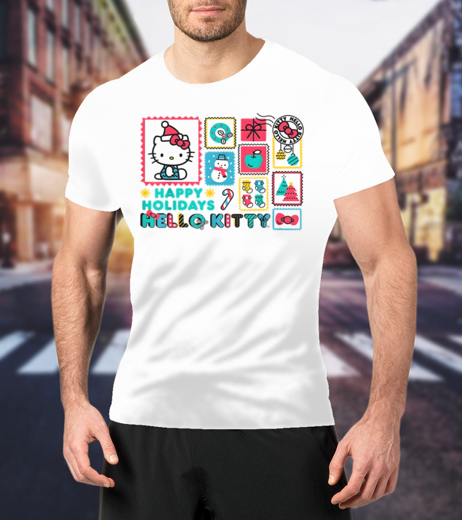 Happy Holidays Hello Kitty Merry Christmas Candy Cane Bow Trees Gift Snowman T-Shirt