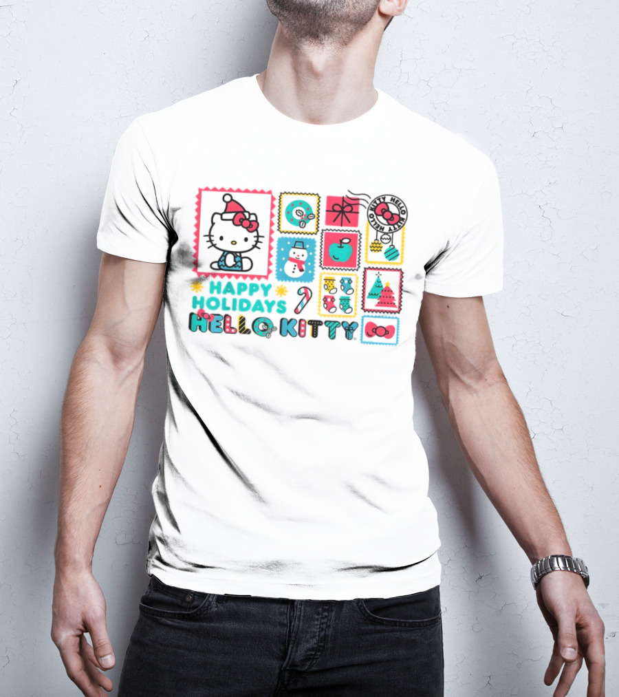 Happy Holidays Hello Kitty Merry Christmas Candy Cane Bow Trees Gift Snowman T-Shirt