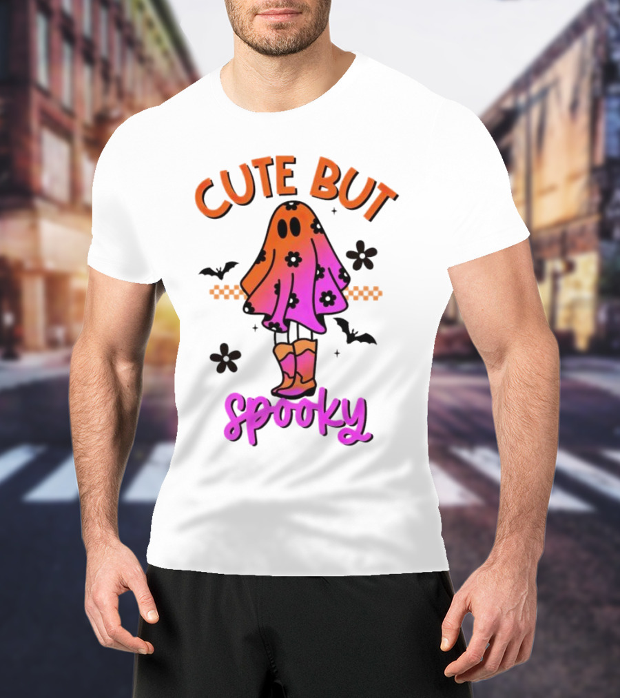 Cute But Spooky Halloween Ghost With Bat And Floral Boot Accents T-Shirt
