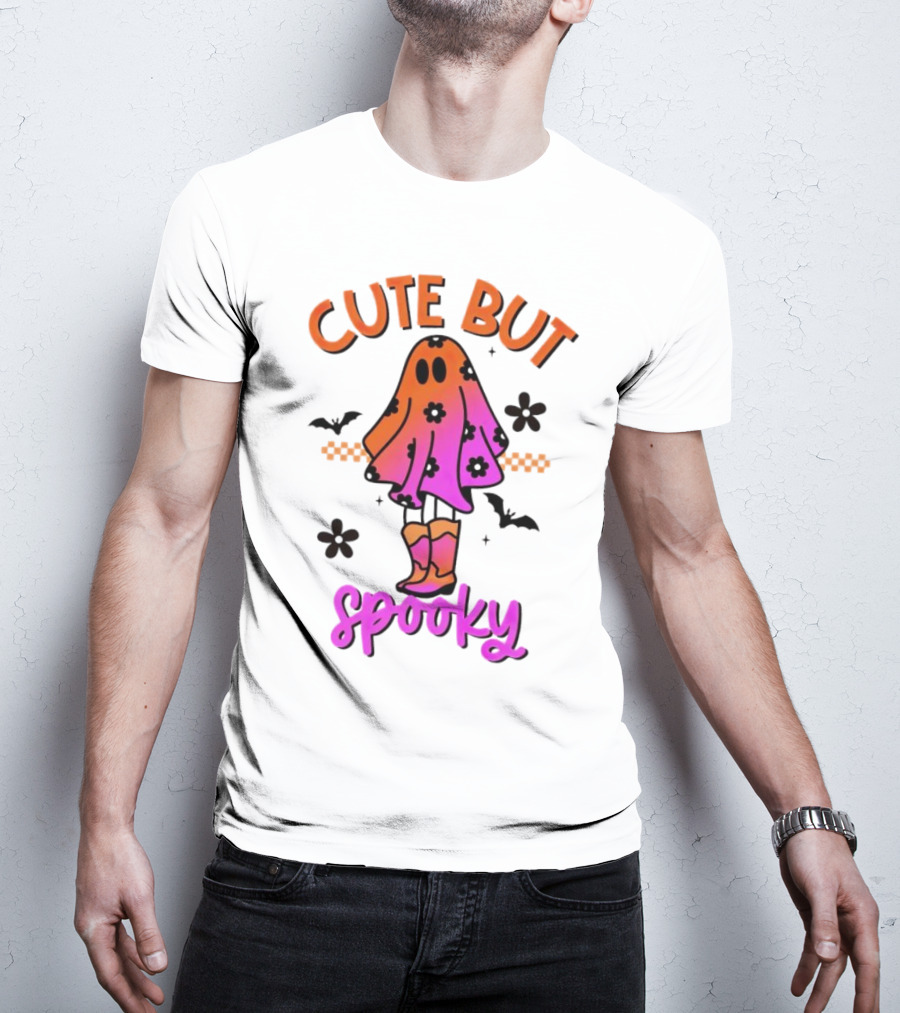 Cute But Spooky Halloween Ghost With Bat And Floral Boot Accents T-Shirt