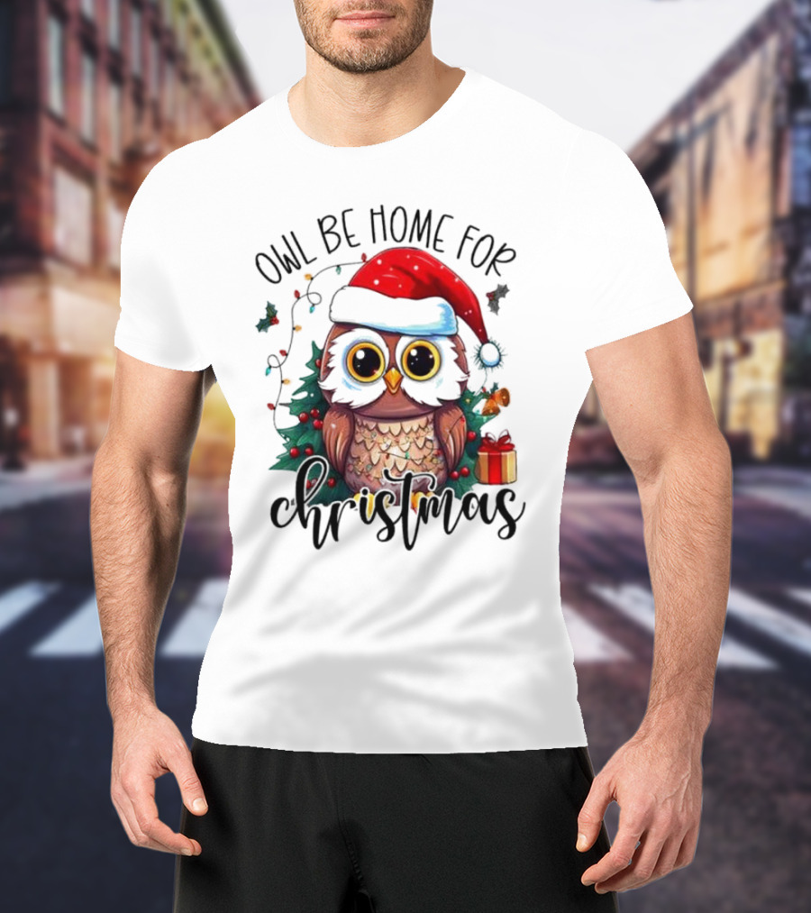 Owl Be Home For Christmas Santa Hat Owl Festive Lights Gift Box T-Shirt