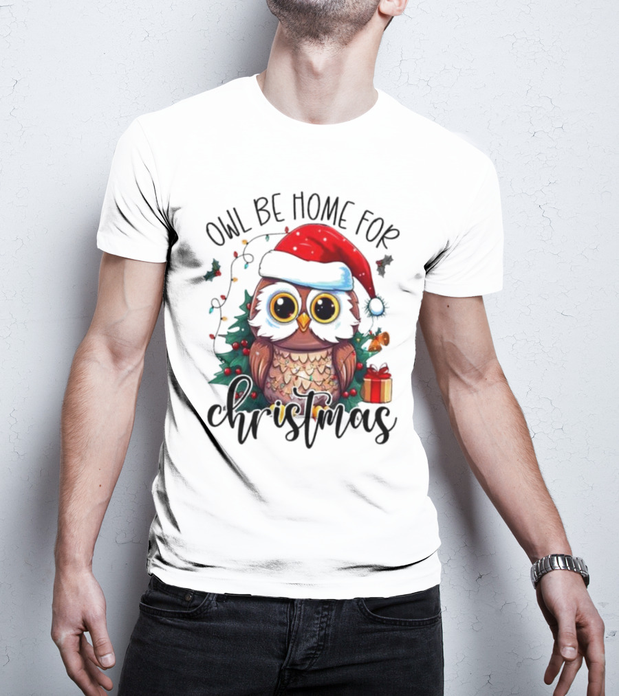 Owl Be Home For Christmas Santa Hat Owl Festive Lights Gift Box T-Shirt