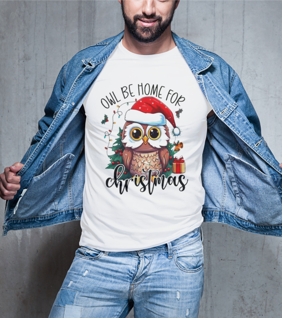 Owl Be Home For Christmas Santa Hat Owl Festive Lights Gift Box T-Shirt
