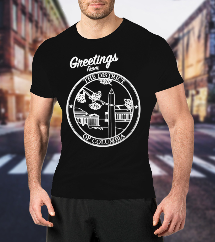 Greetings From The District Of Columbia Cherry Blossoms And Monument T-Shirt