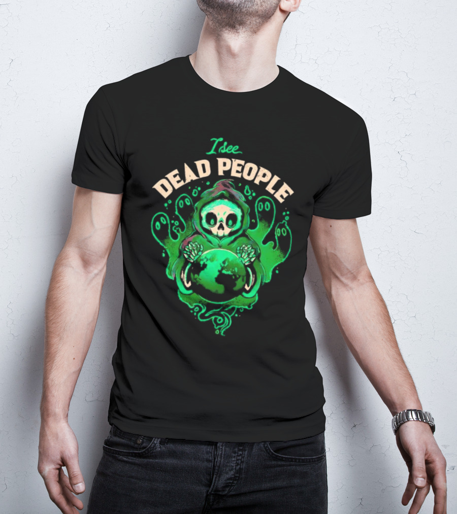 I See Dead People Grim Reaper Holding Earth With Ghosts T-Shirt