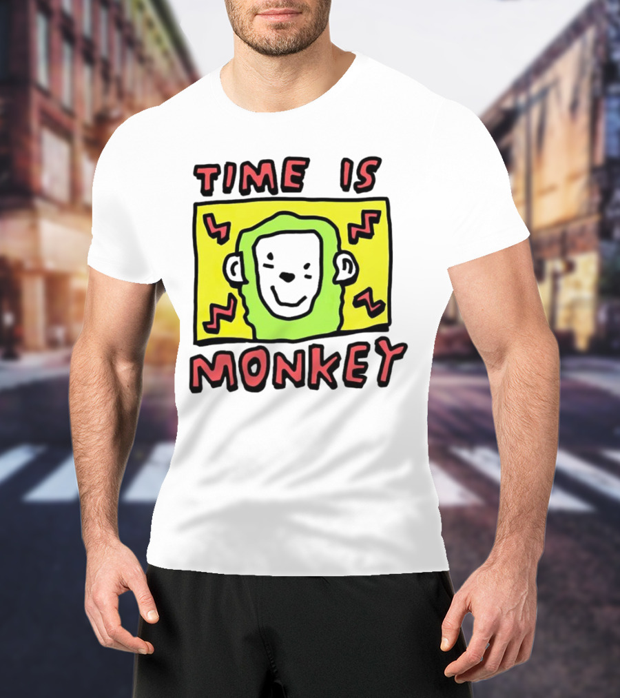 Time Is Monkey Green Highlighted Cartoon Face With Zigzag Lines T-Shirt
