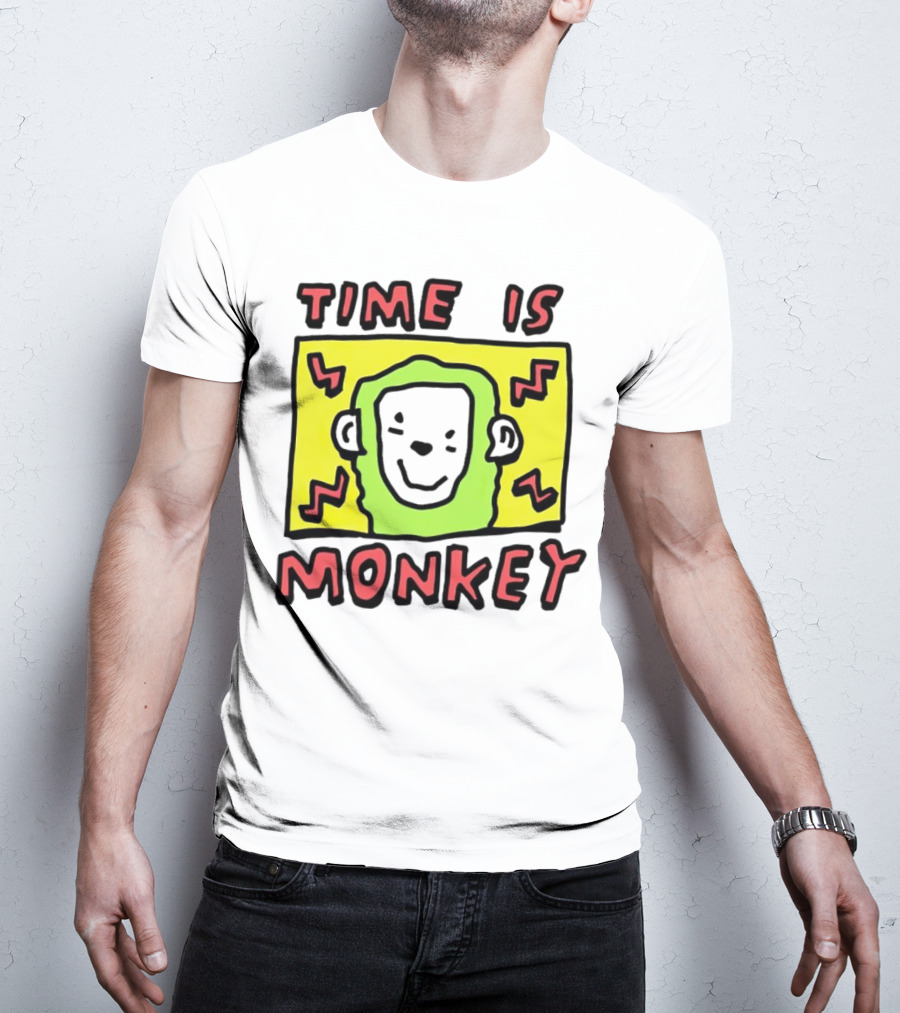Time Is Monkey Green Highlighted Cartoon Face With Zigzag Lines T-Shirt