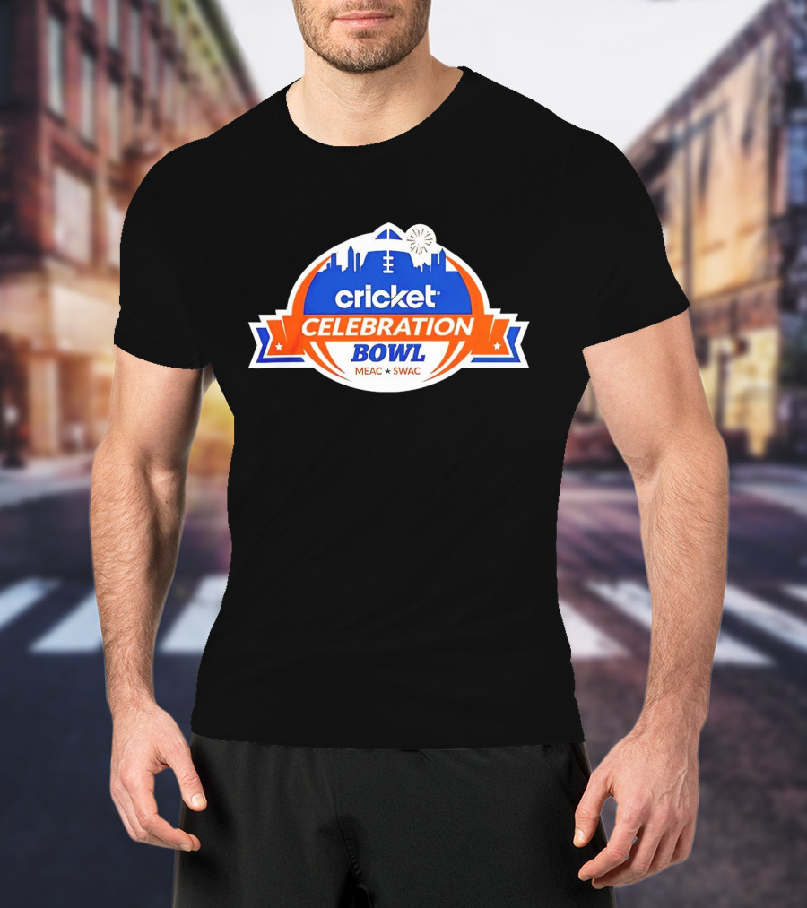 Cricket Celebration Bowl MEAC SWAC Logo With City Skyline And Football Field Symbols T-Shirt