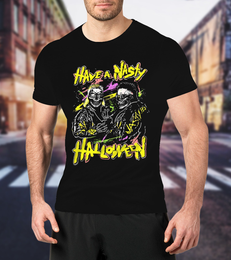 Have A Nasty Halloween Skeleton Warriors Vibrant Neon T-Shirt