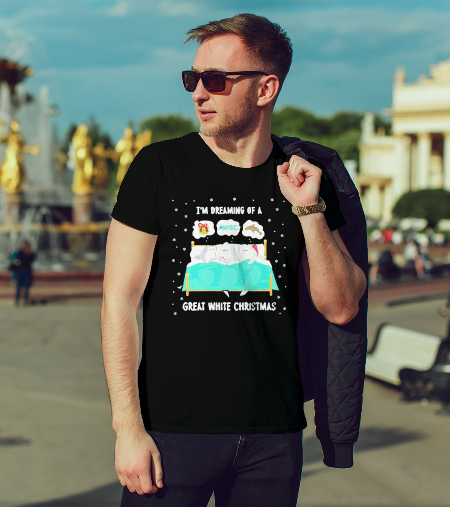 I'm Dreaming Of A Great White Christmas AWSC Shark In Bed With Snowflakes T-Shirt