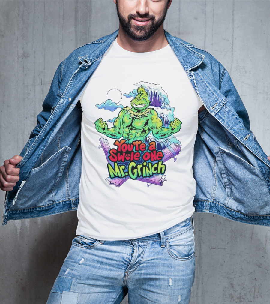You’re A Swole One Mr Grinch Fitness Muskula Green Character With Frosted Mountain Background T-Shirt