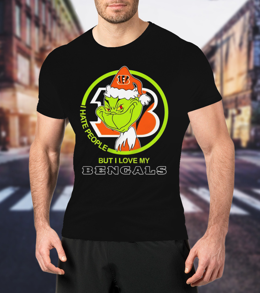 Grinch Santa Hat I Hate People But I Love My Bengals Football Fan T-Shirt