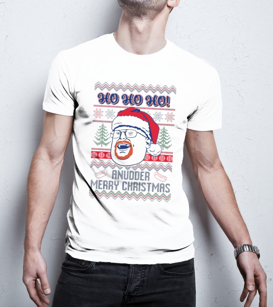 HO HO HO Anudder Merry Christmas Ugly Santa Beard Trees Snowflakes Sausages T-Shirt
