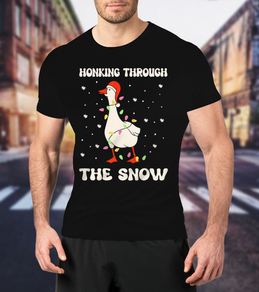 Honking Through The Snow Goose Wrapped In Christmas Lights T-Shirt