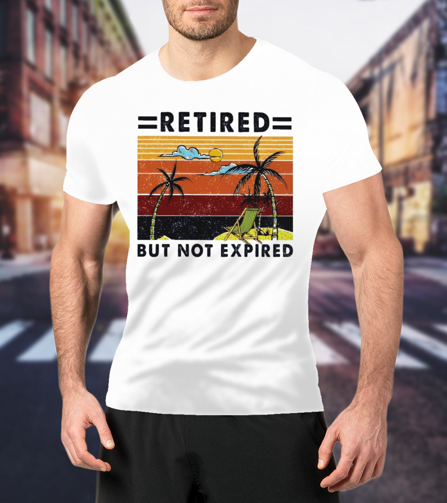 Retired But Not Expired Beach Vintage Sunset Palm Trees Chair Retro T-Shirt