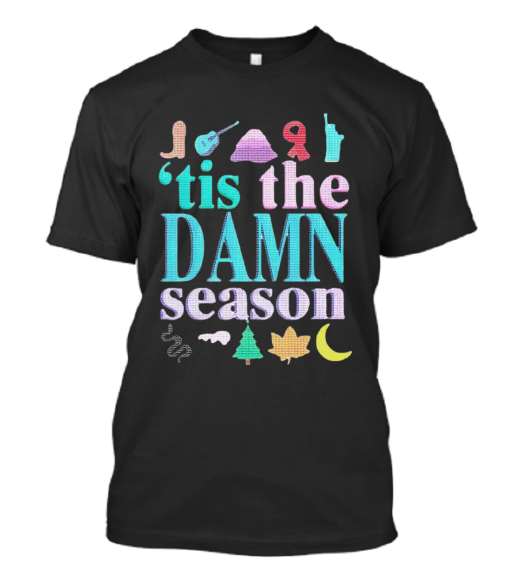 Tis The Damn Season Christmas Cowboy Boot Guitar Tree Moon T-Shirt
