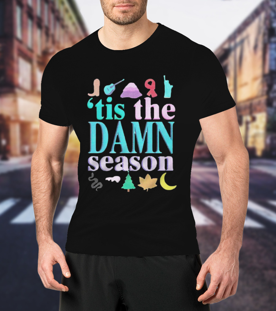 Tis The Damn Season Christmas Cowboy Boot Guitar Tree Moon T-Shirt