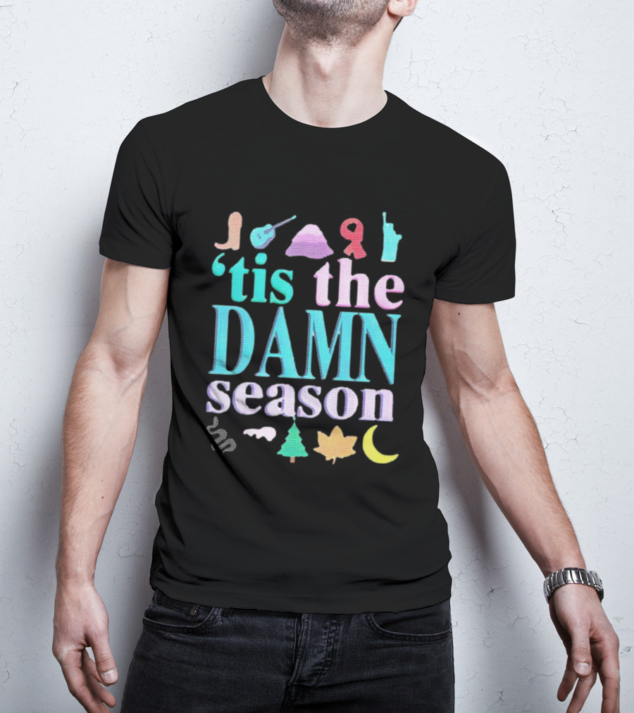 Tis The Damn Season Christmas Cowboy Boot Guitar Tree Moon T-Shirt