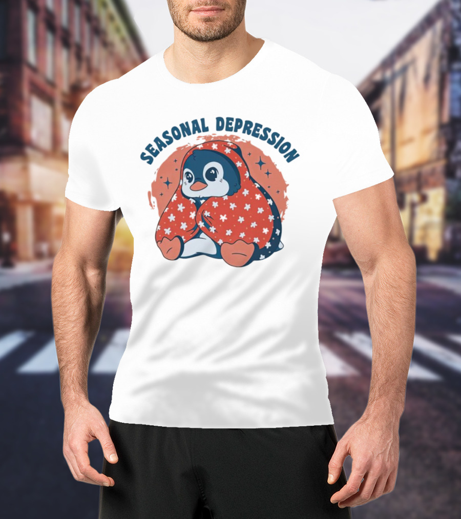 Seasonal Depression Penguin In Cozy Blanket With Stars And Flowers T-Shirt