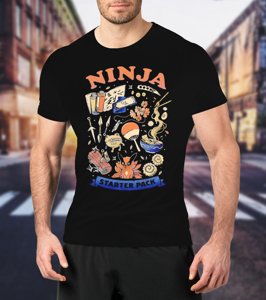Ninja Starter Pack Kunai Scrolls Shuriken Ramen Chopsticks Anime Fox Pokeball T-Shirt