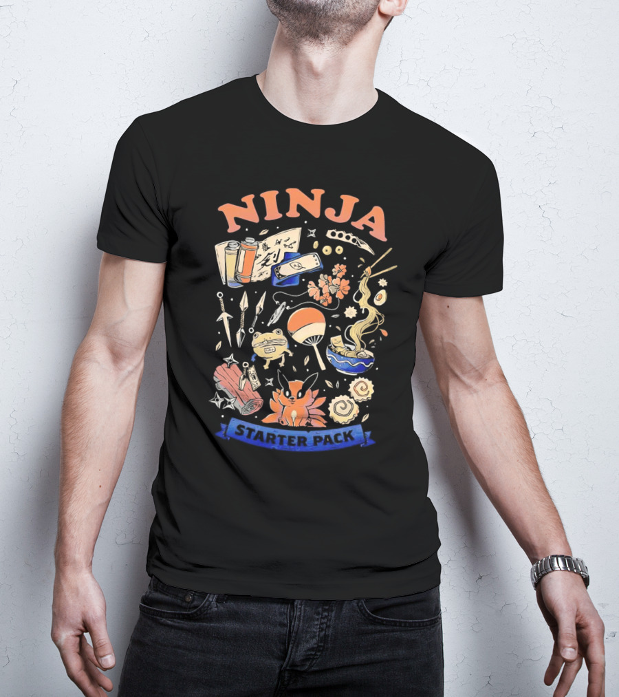 Ninja Starter Pack Kunai Scrolls Shuriken Ramen Chopsticks Anime Fox Pokeball T-Shirt
