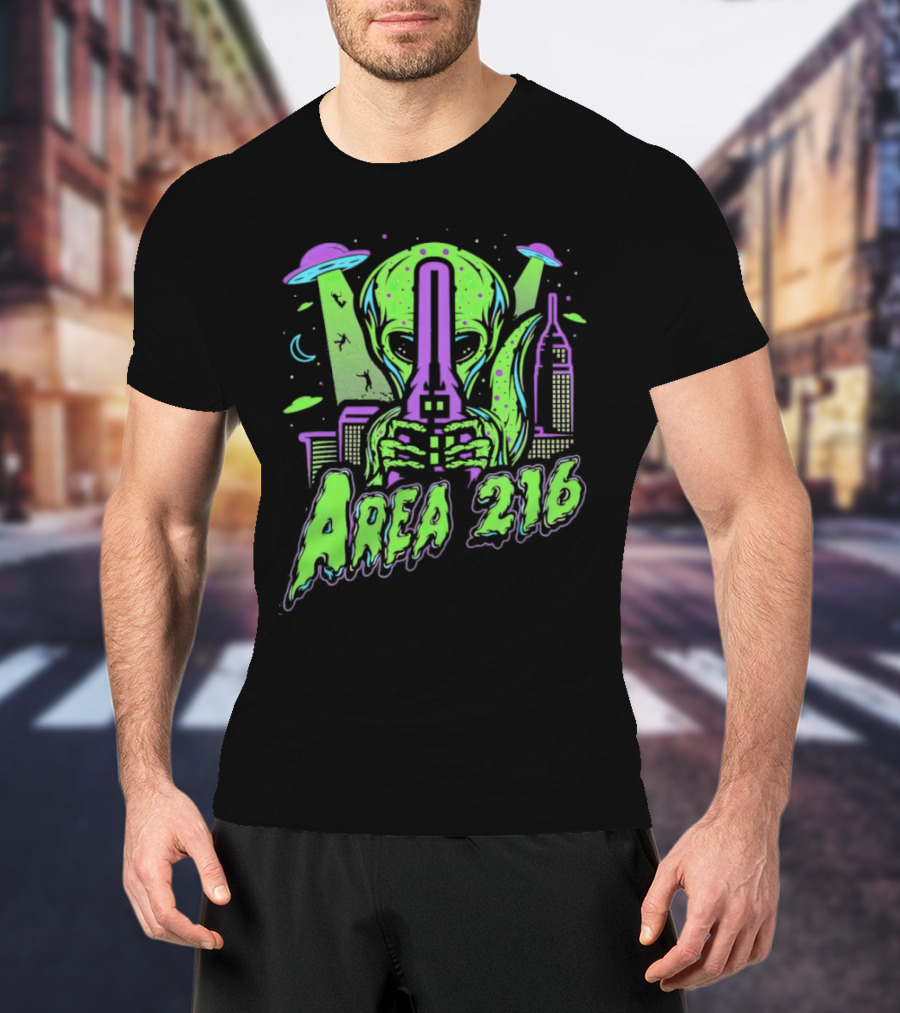 Area 216 Alien UFO City Skyline Neon T-Shirt