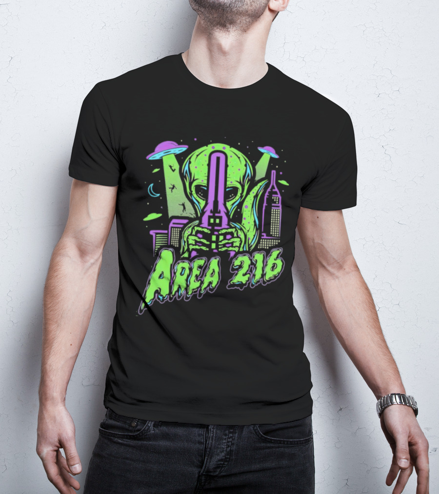 Area 216 Alien UFO City Skyline Neon T-Shirt